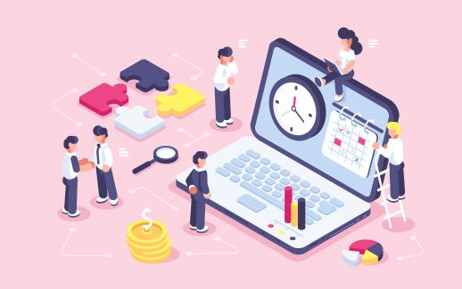 concept-time-management-banner-with-character-web-page-flat-isometric-vector-illustration-isolated-businessman-working-near-laptop-planning-puzzle-organization-process-team-work-time