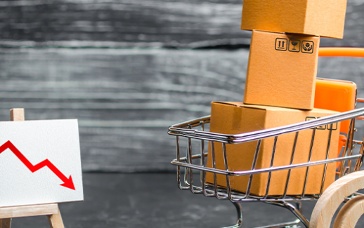 shopping-cart-loaded-with-boxes-email-symbol-and-red-down-arrow-reduced-online-sales