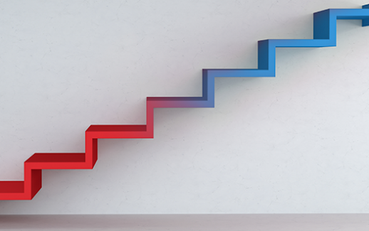 blue-and-red-stairs-arrow-going-up-on-concrete-wall-3d-rendering